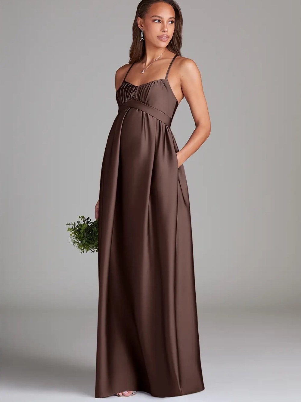 Azazie Llana A-Line Stretch Satin Floor-Length Dress with Pockets Ganache